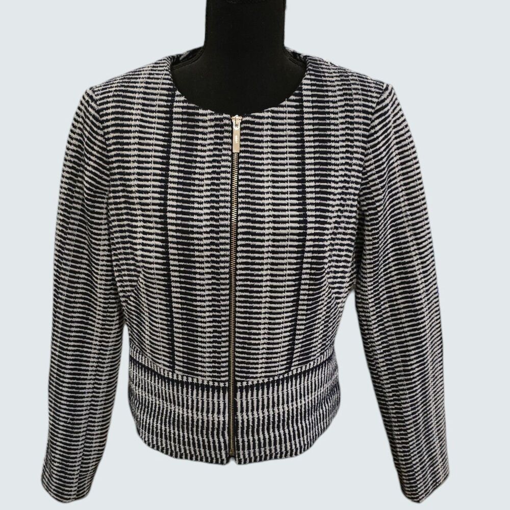 DKNY Black White Striped Zip Front Jacket Career Office Blazer Women's EUC